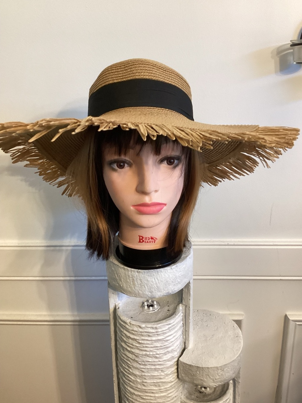 Wide Brim Straw Sun Hat with Black Band - Natural